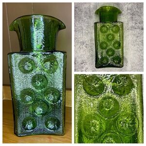 Vintage Rare Blenko Joel Myers Olive Green Glass Pinwheel Double Spout Decanter